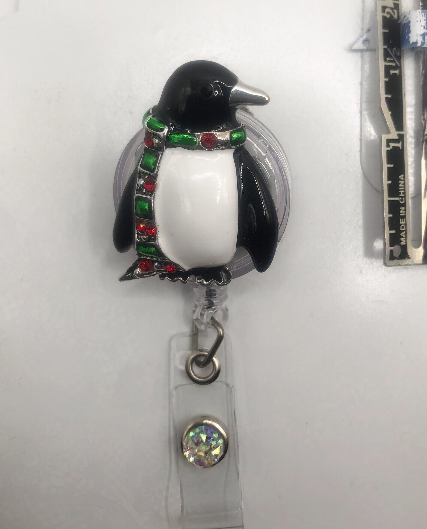 Penguin - Winter - Christmas - retractable Badge Reel with Alligator Clip. Great for anyone required to wear a badge