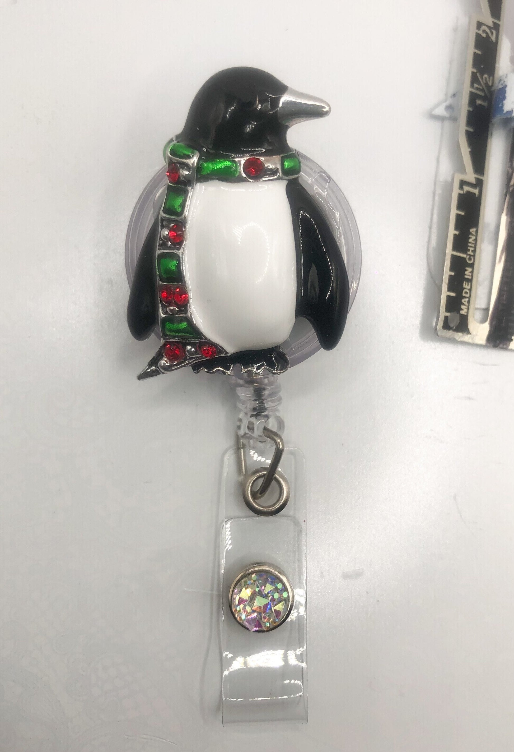 Penguin - Winter - Christmas - retractable Badge Reel with Alligator Clip. Great for anyone required to wear a badge