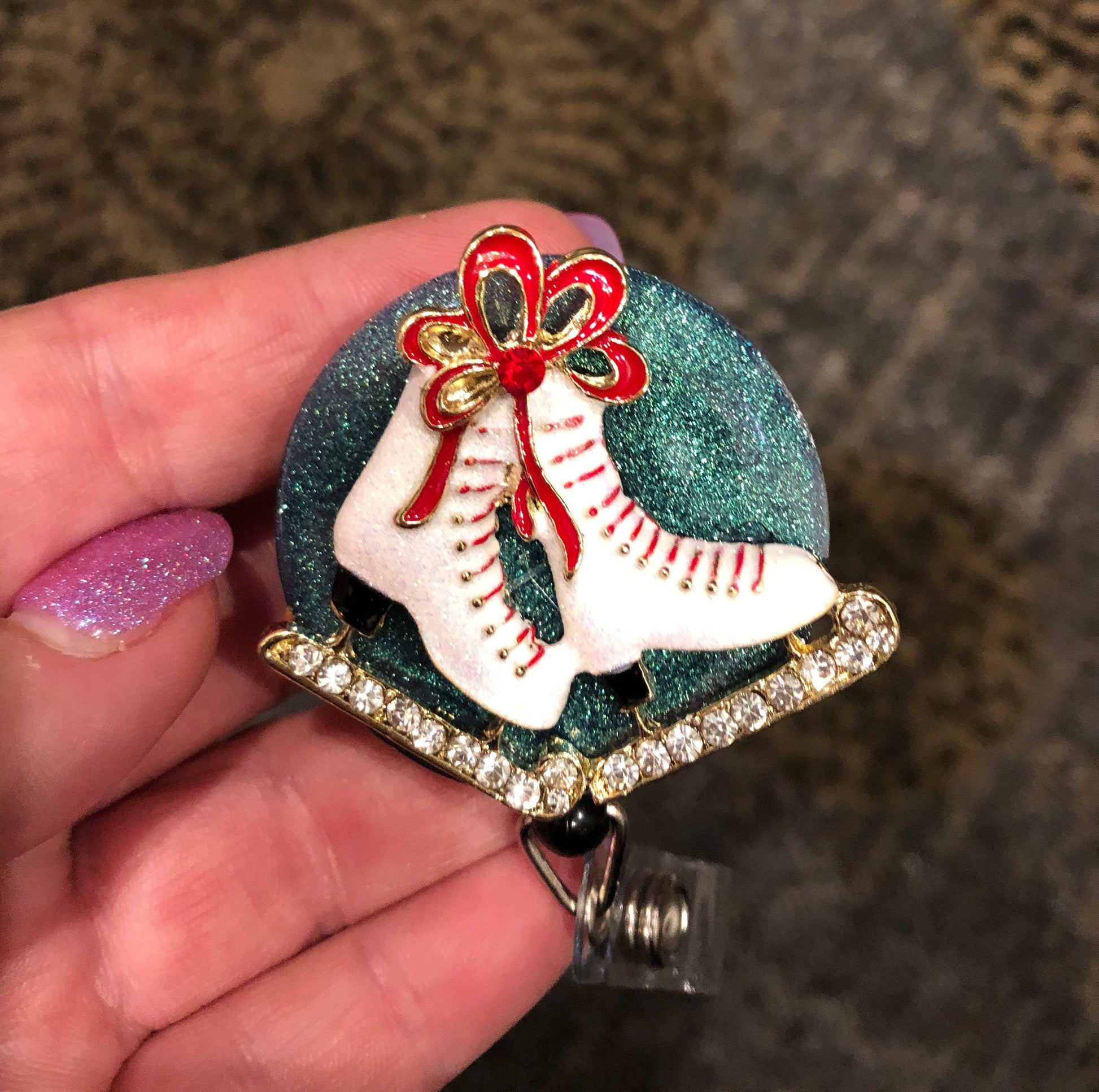 Christmas - Ice Skates - 2 retractable Badge Reel with Alligator Clip. Great for anyone required to wear a badge