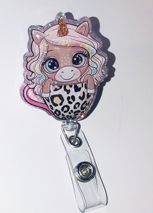 Cute Unicorn in Leopard Coffee Cup - 2" retractable Badge Reel with Alligator Clip. Great for anyone required to wear a badge