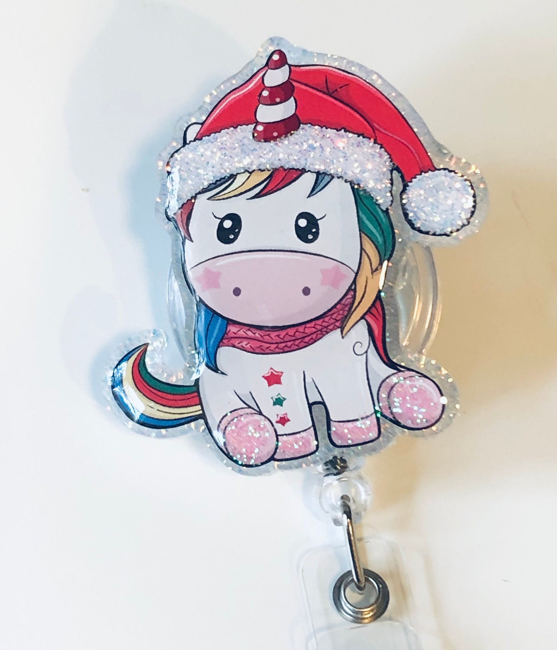 Christmas - Unicorn with Santa Hat - 2 retractable Badge Reel with Alligator Clip. Great for anyone required to wear a badge