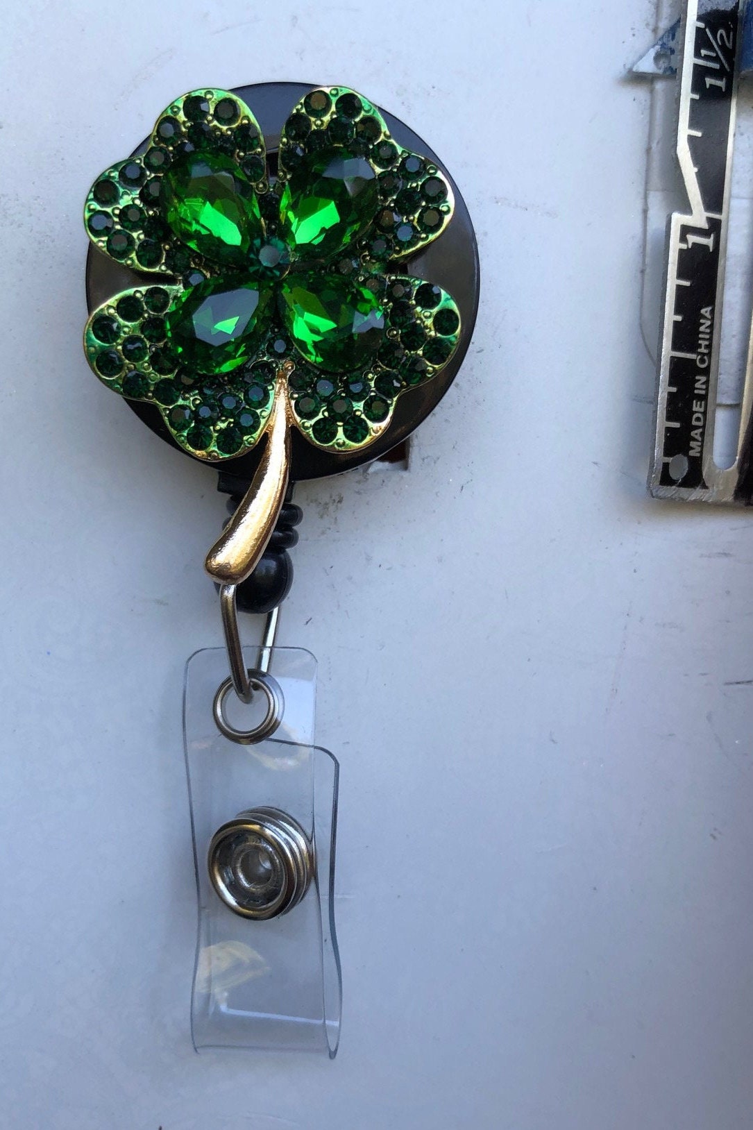 Four-leaf Clover - good luck - Retractable Alloy Badge Reel with ALLIGATOR Clip