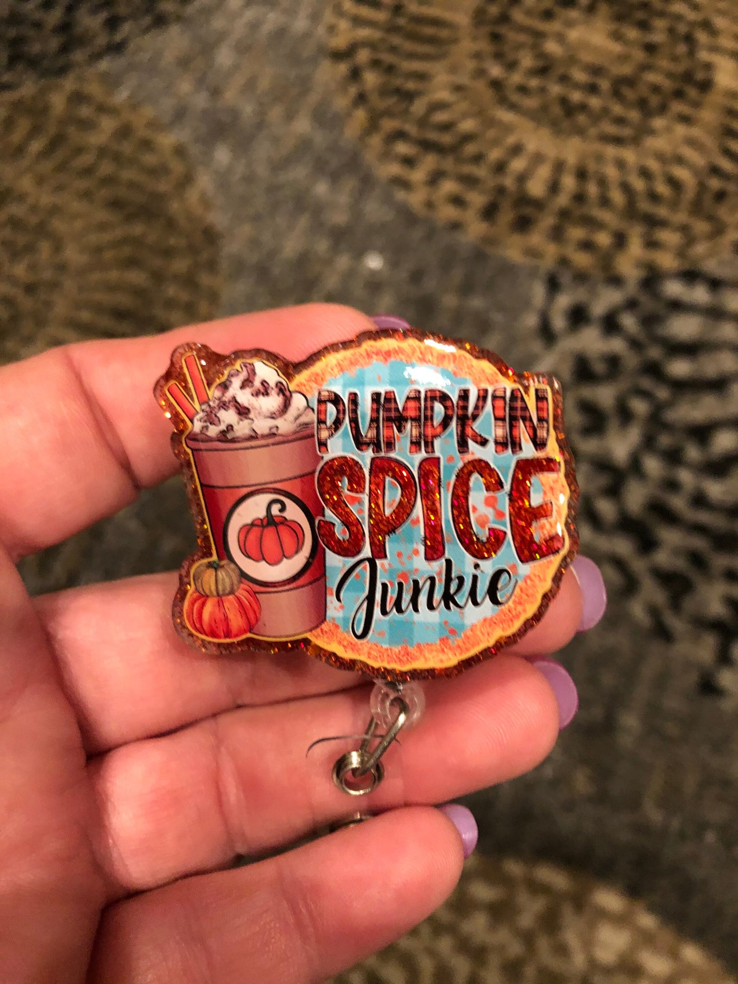 Halloween - Pumpkin Spice Junkie - 2 retractable Badge Reel with Alligator Clip. Great for anyone required to wear a badge