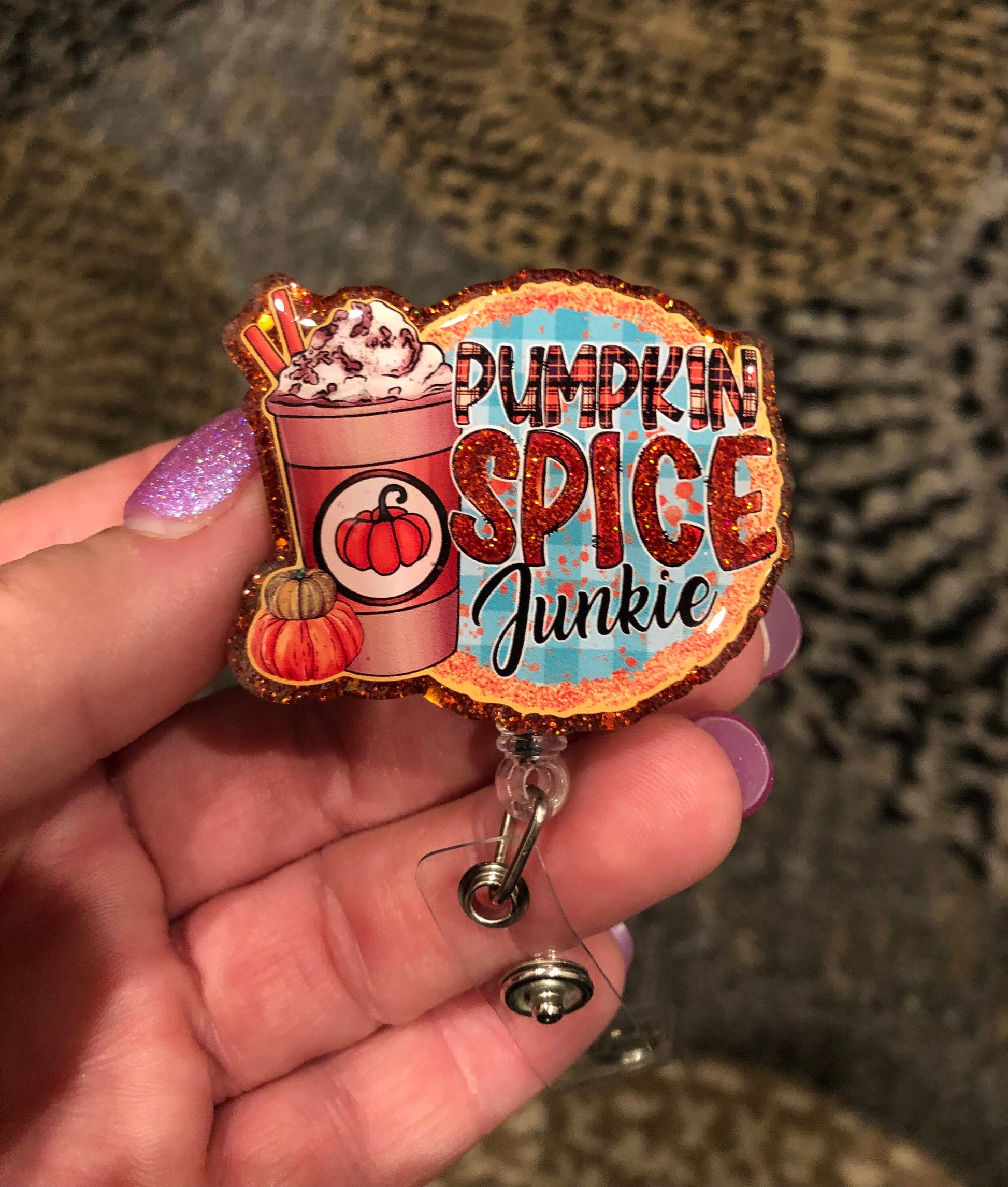 Halloween - Pumpkin Spice Junkie - 2 retractable Badge Reel with Alligator Clip. Great for anyone required to wear a badge