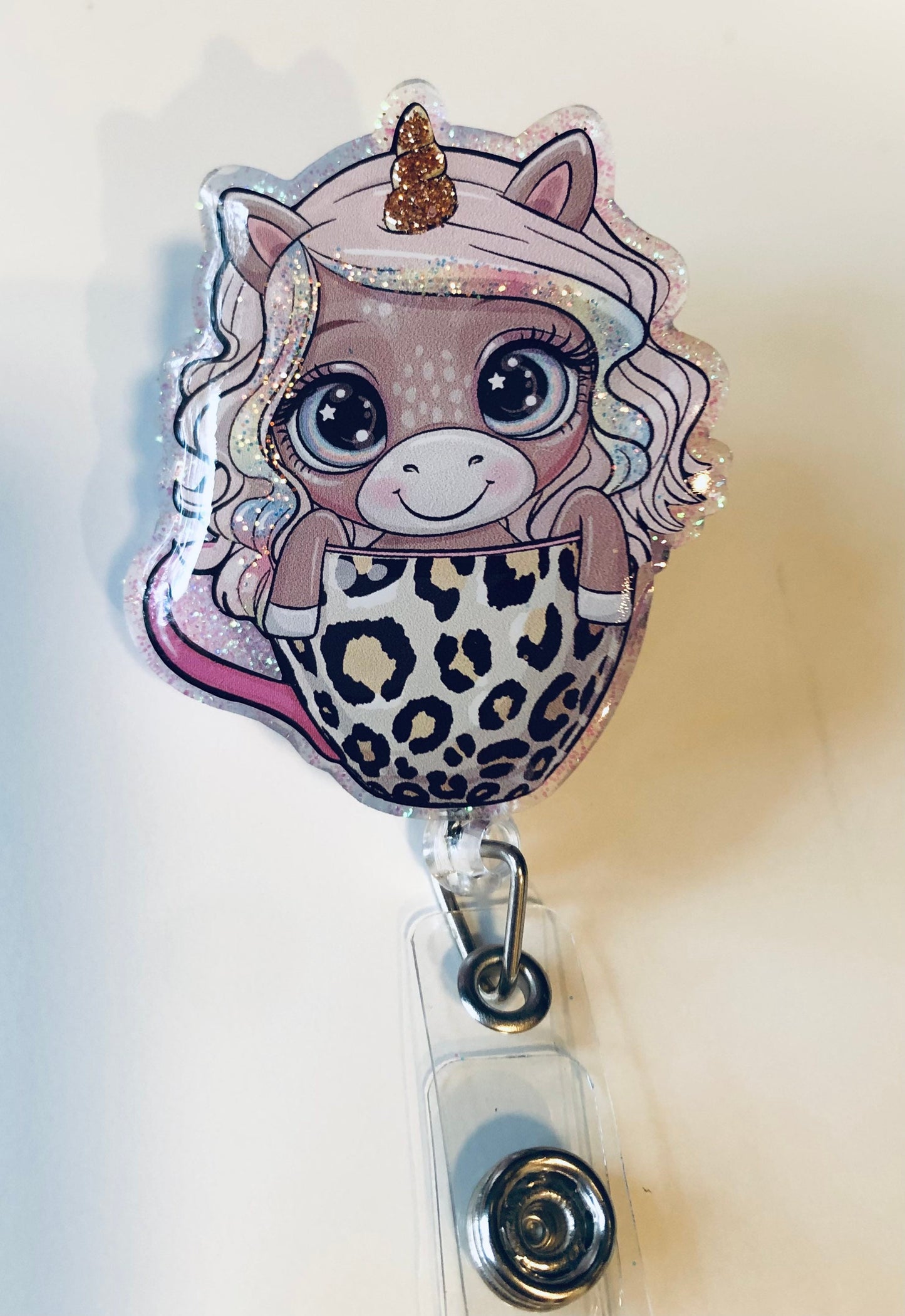 Cute Unicorn in Leopard Coffee Cup - 2" retractable Badge Reel with Alligator Clip. Great for anyone required to wear a badge