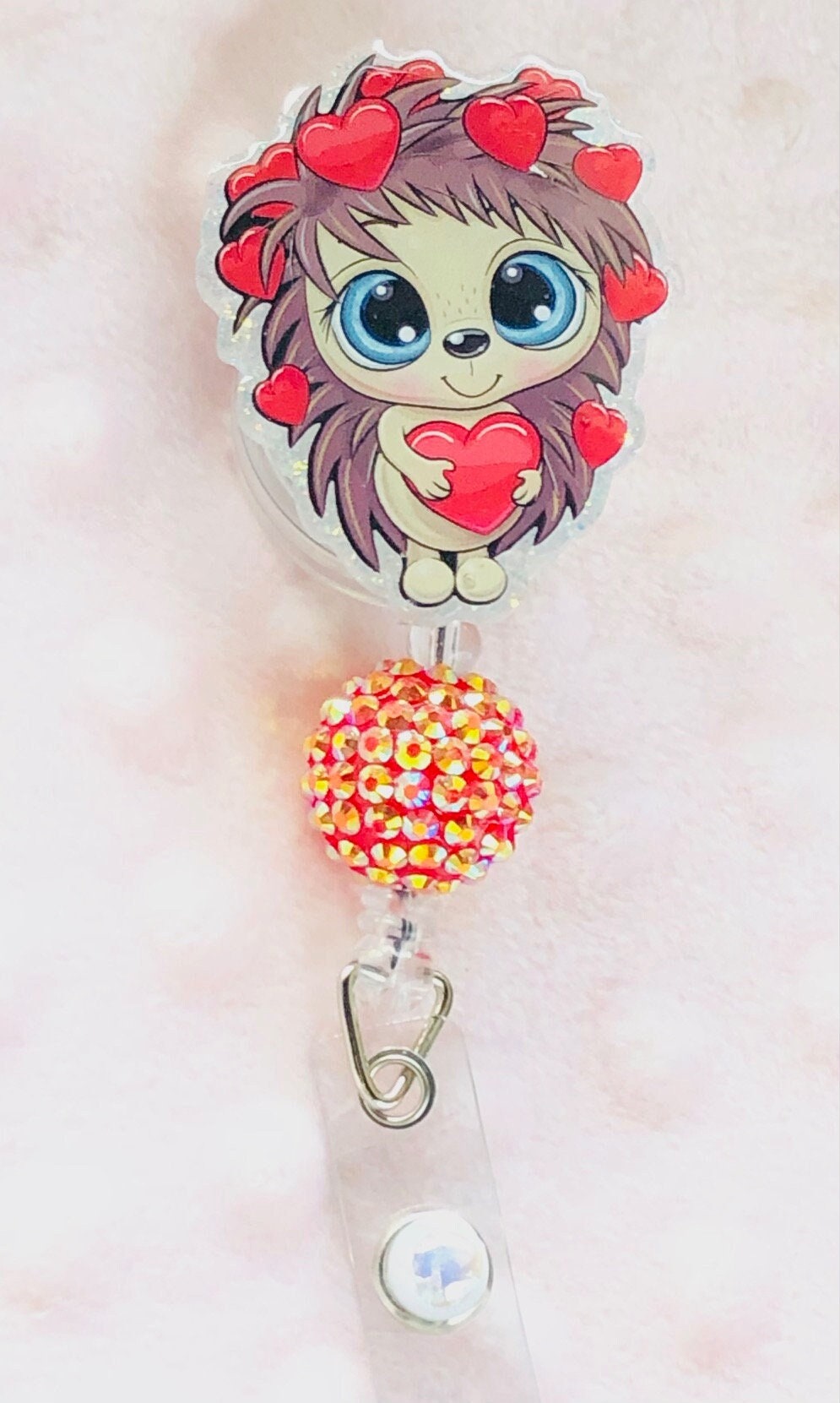 Cute Hedgehog with Hearts - retractable Badge Reel with Alligator Clip. Great for anyone required to wear a badge