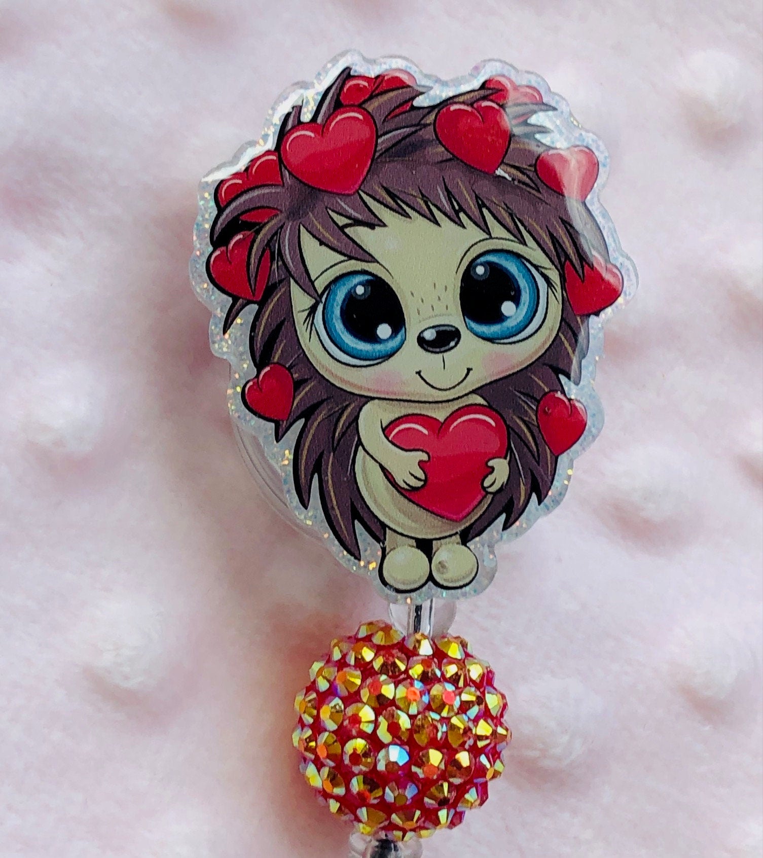 Cute Hedgehog with Hearts - retractable Badge Reel with Alligator Clip. Great for anyone required to wear a badge