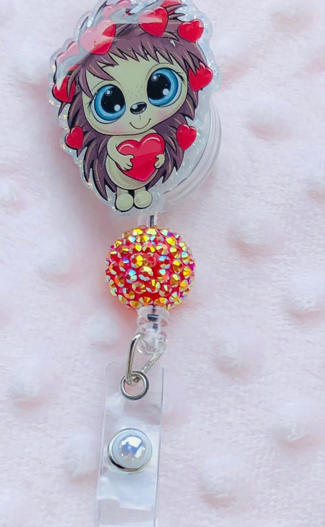 Cute Hedgehog with Hearts - retractable Badge Reel with Alligator Clip. Great for anyone required to wear a badge