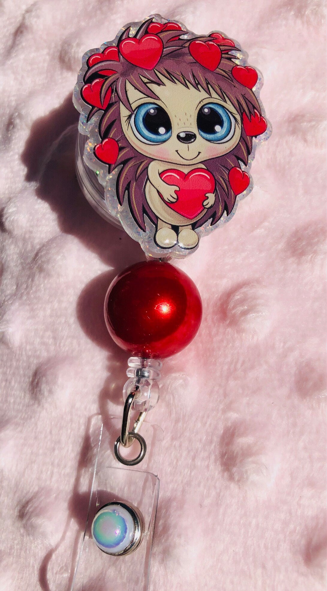 Cute Hedgehog with Hearts - retractable Badge Reel with Alligator Clip. Great for anyone required to wear a badge