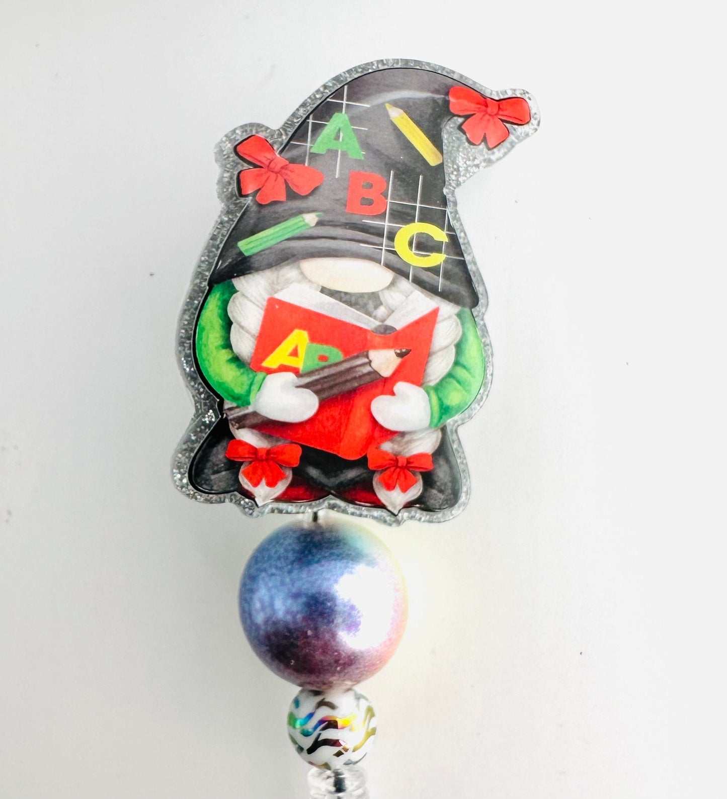 Gnome - ABC - Teacher - 2" retractable Badge Reel with Rainbow Bead and Alligator Clip. Great for anyone required to wear a badge