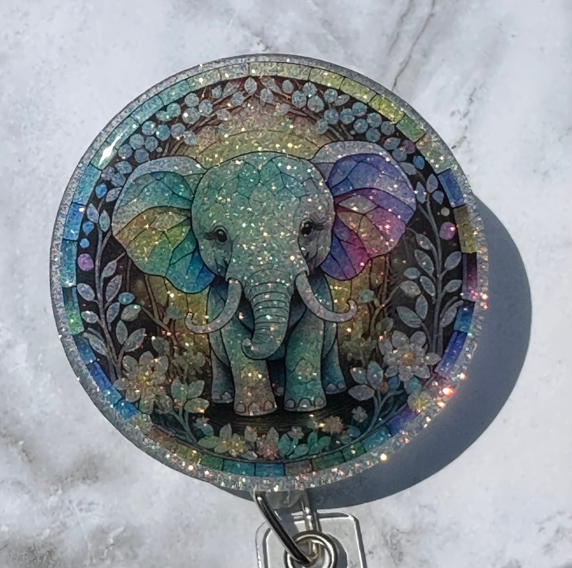 Elephant - with or without Glitter - approx 2" retractable Badge Reel with Alligator Clip. Great for anyone required to wear a badge