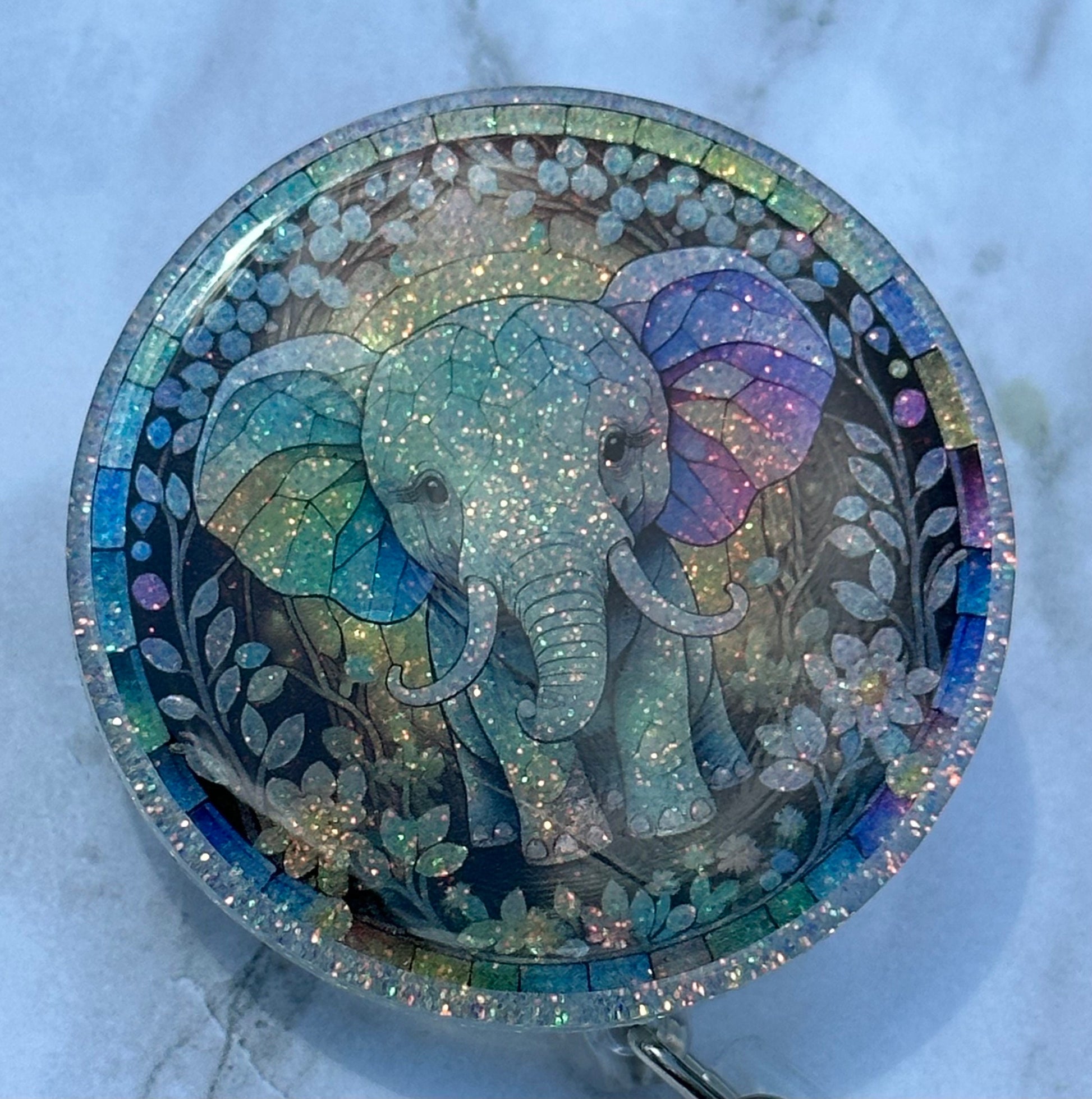 Elephant - with or without Glitter - approx 2" retractable Badge Reel with Alligator Clip. Great for anyone required to wear a badge