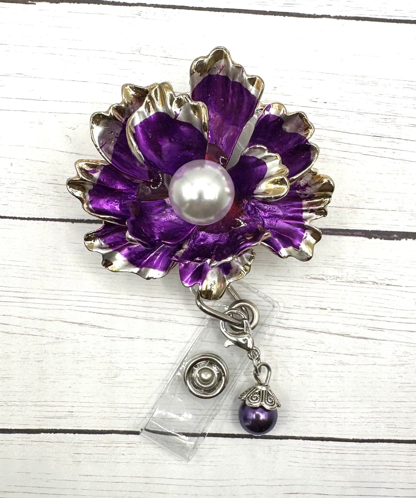 Flower with Pearl - retractable Badge Reel with Alligator Clip. Great for anyone required to wear a badge