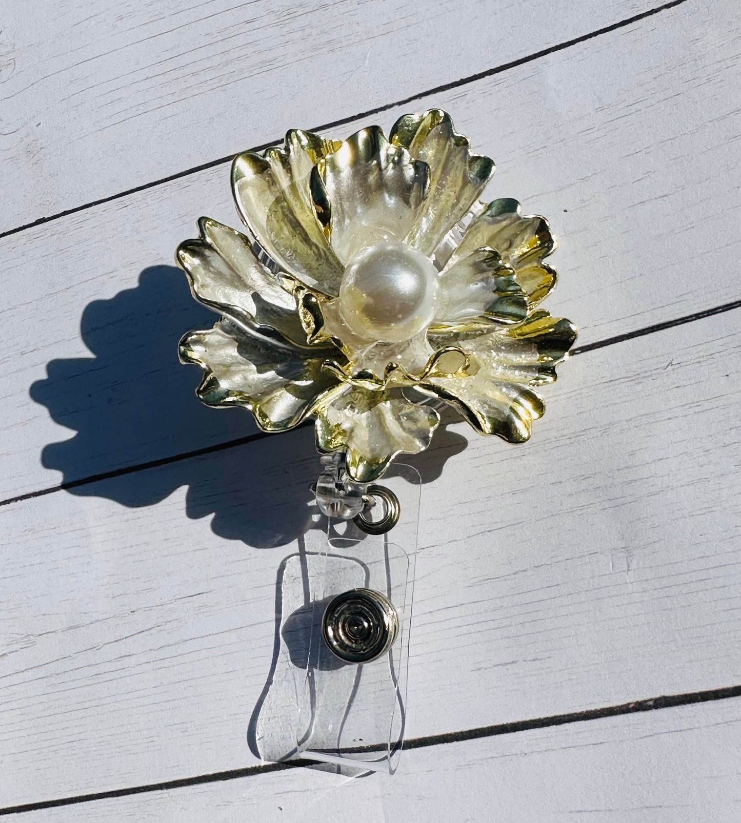 Flower with Pearl - retractable Badge Reel with Alligator Clip. Great for anyone required to wear a badge