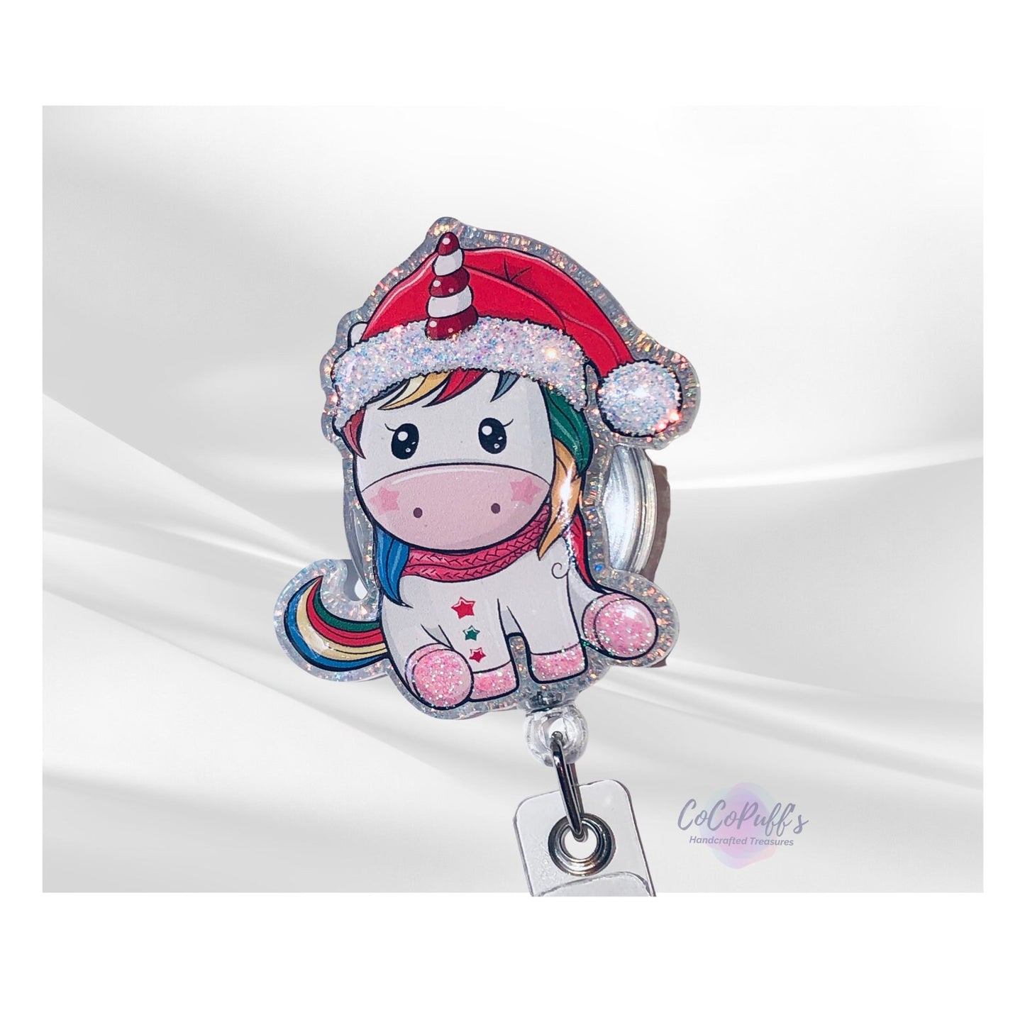 Christmas - Unicorn with Santa Hat - 2 retractable Badge Reel with Alligator Clip. Great for anyone required to wear a badge