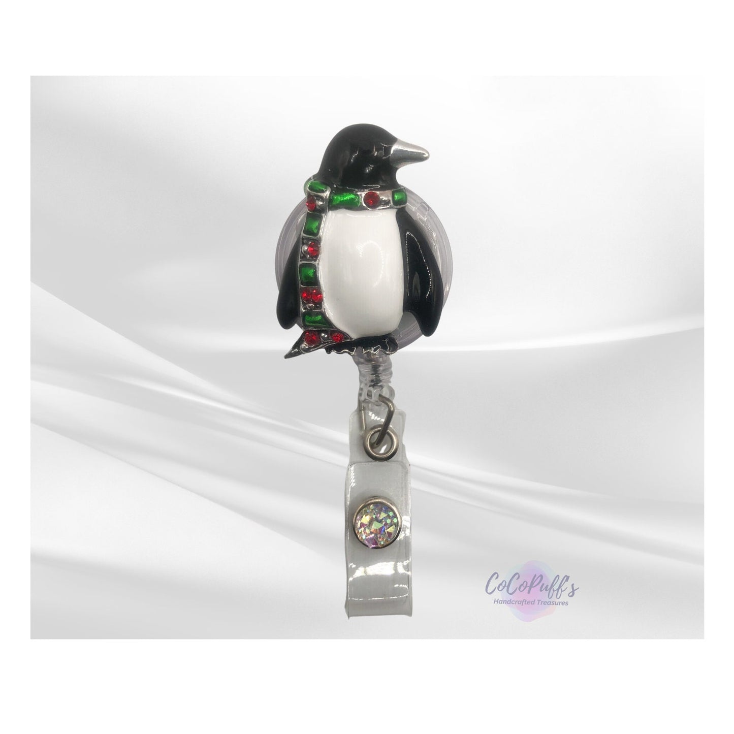 Penguin - Winter - Christmas - retractable Badge Reel with Alligator Clip. Great for anyone required to wear a badge