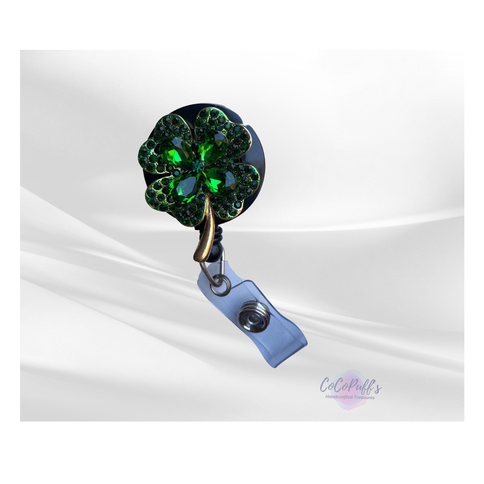 Four-leaf Clover - good luck - Retractable Alloy Badge Reel with ALLIGATOR Clip