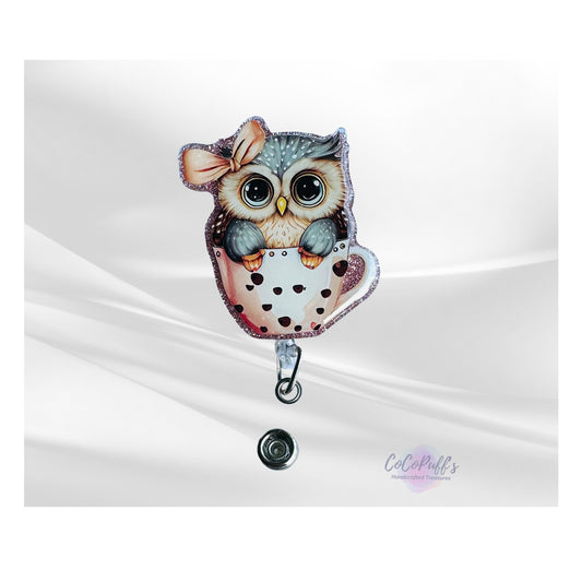 Cute Owl in cup - retractable Badge Reel with Alligator Clip. Great for anyone required to wear a badge