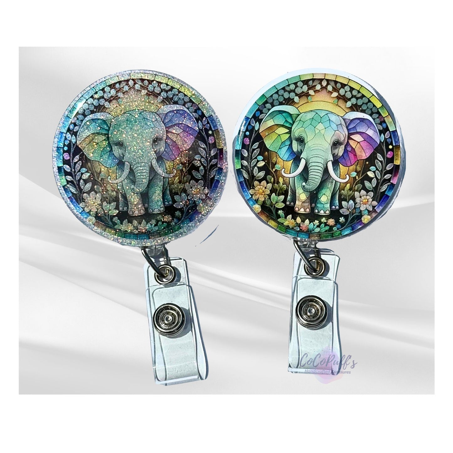 Elephant - with or without Glitter - approx 2" retractable Badge Reel with Alligator Clip. Great for anyone required to wear a badge