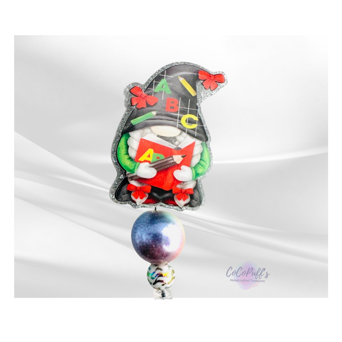 Gnome - ABC - Teacher - 2" retractable Badge Reel with Rainbow Bead and Alligator Clip. Great for anyone required to wear a badge