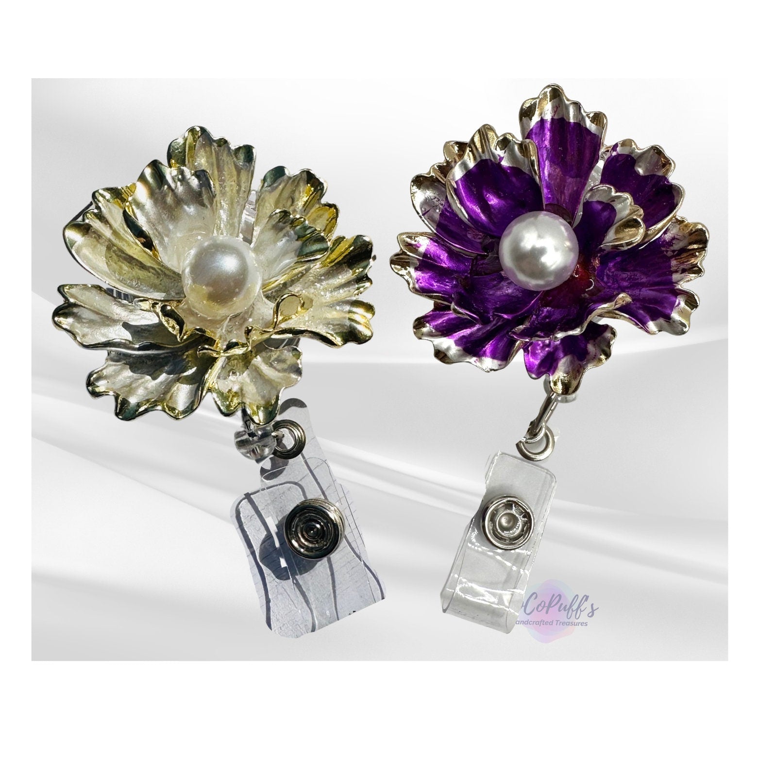 Flower with Pearl - retractable Badge Reel with Alligator Clip. Great for anyone required to wear a badge